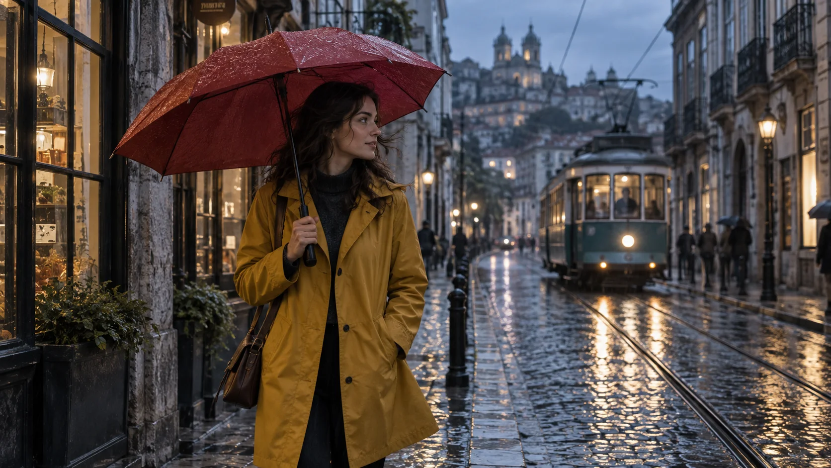 Le même sujet — un tramway sous la pluie — présenté dans une composition stable, adaptée à un test d’animation à faible mouvement.