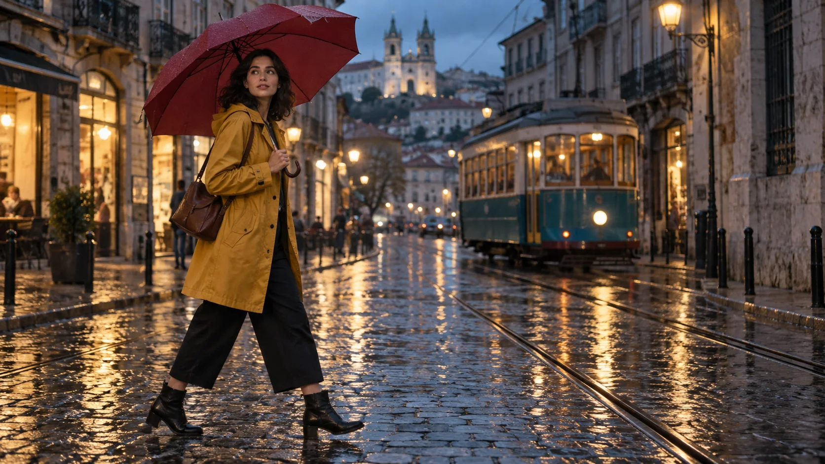 Une femme avec un parapluie rouge traverse une rue de tramway sous la pluie, préparée comme image-source propre pour une conversion image-vers-vidéo.