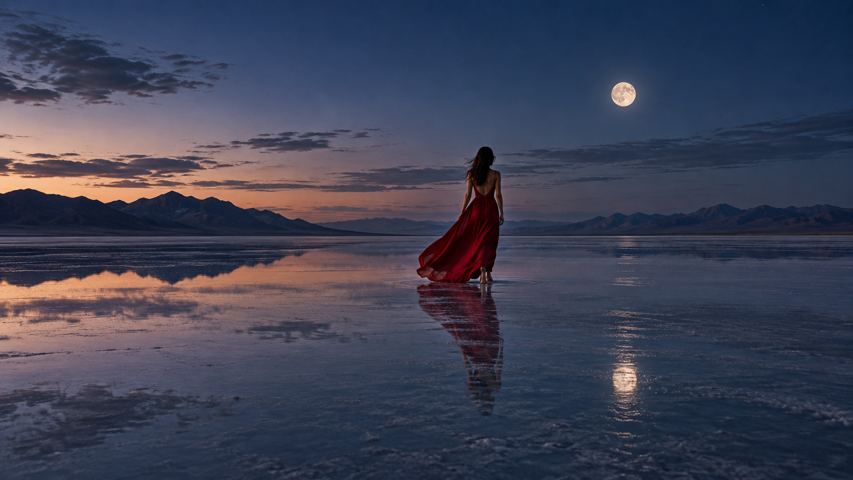 Un fotograma alternativo restringido del final, donde la bailarina camina hacia un horizonte iluminado por la luna