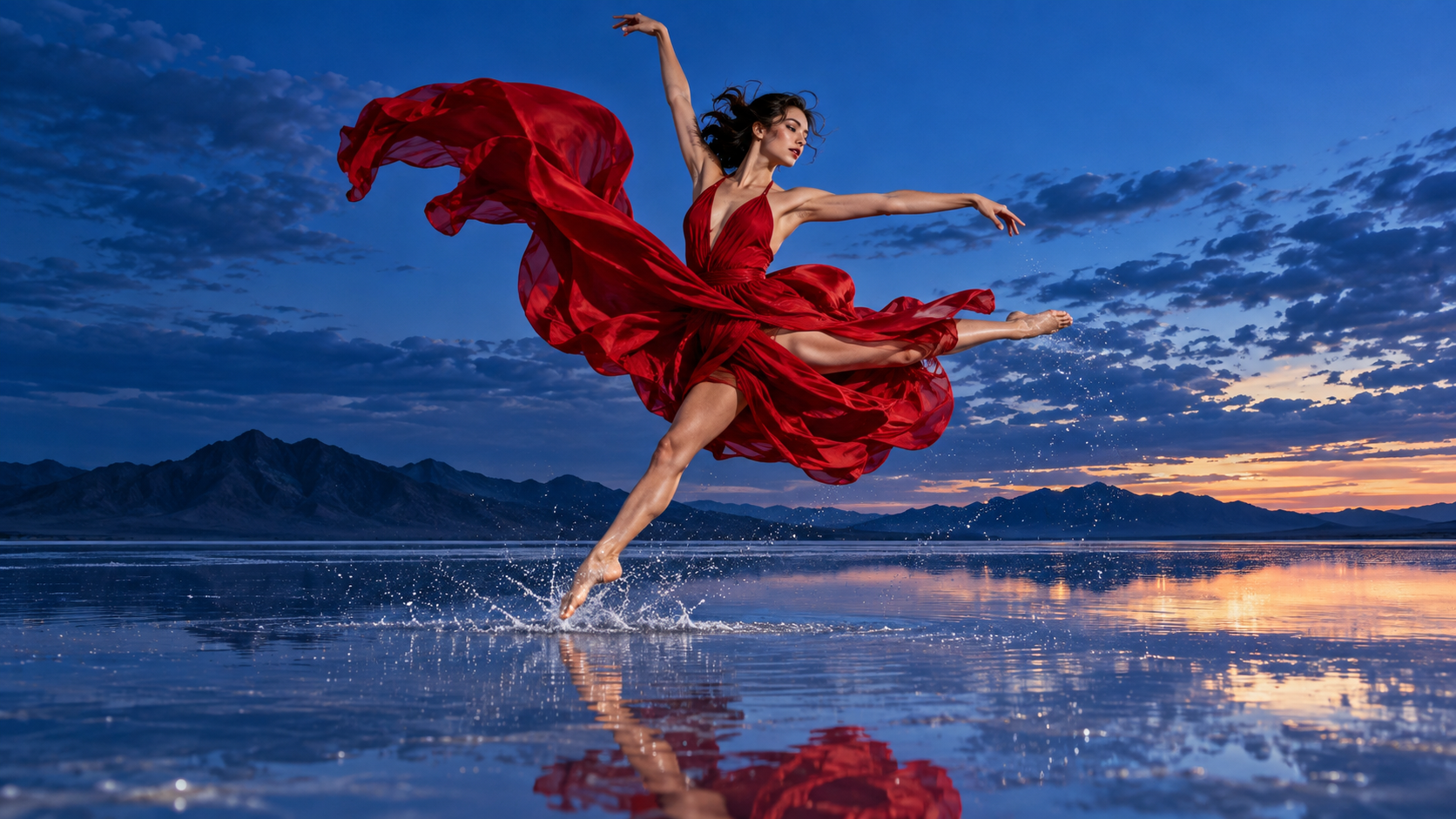 Una interpretación de alto movimiento con la bailarina saltando a través del agua reflejada