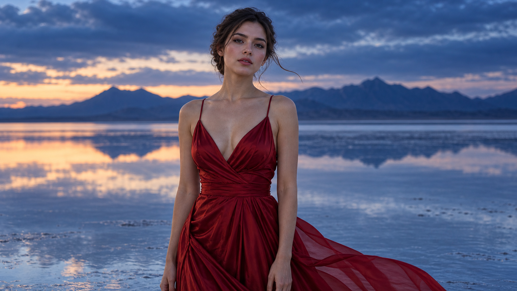 Un retrato estable de bajo movimiento de la misma bailarina con vestido carmesí al crepúsculo azul