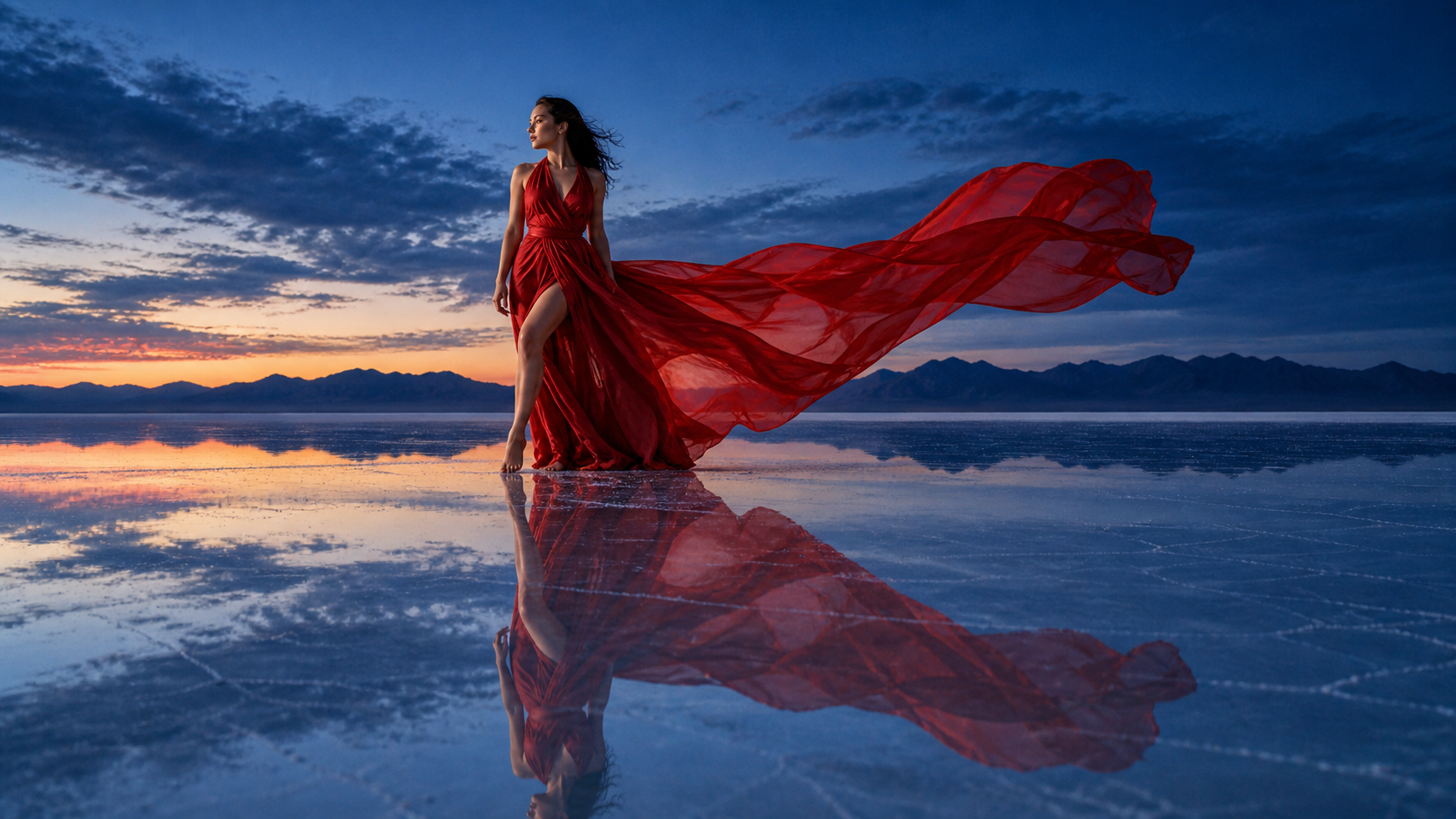 Un concepto final del primer fotograma de una bailarina con un vestido carmesí sobre una llanura salina reflectante