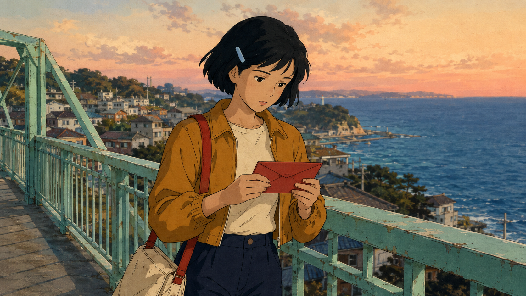 Original cel-style courier holding a red envelope beside a mint bridge