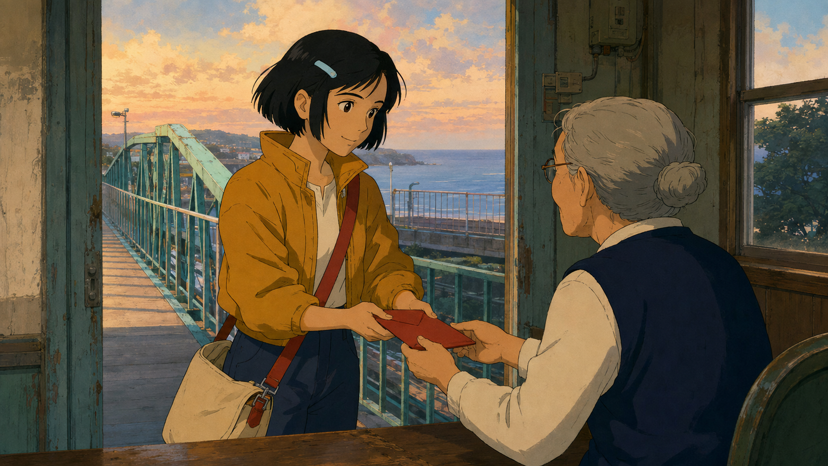 Original courier delivering a red envelope to a station attendant in a cel-style scene