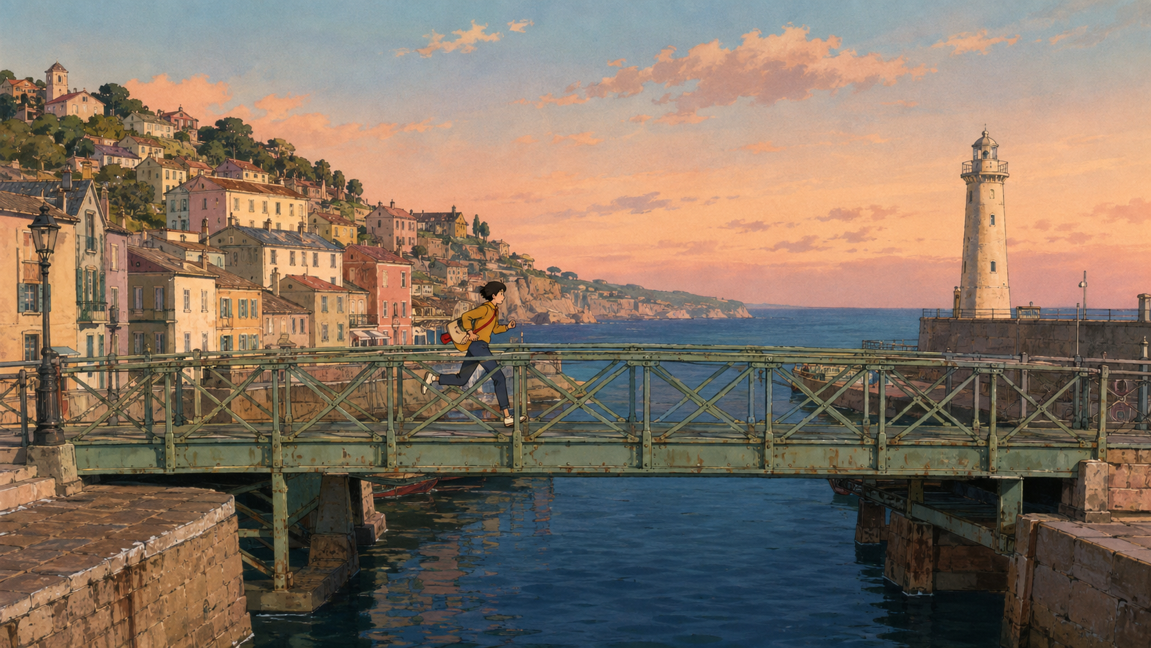 Painted coastal bridge with an ochre-jacket courier and a distant lighthouse