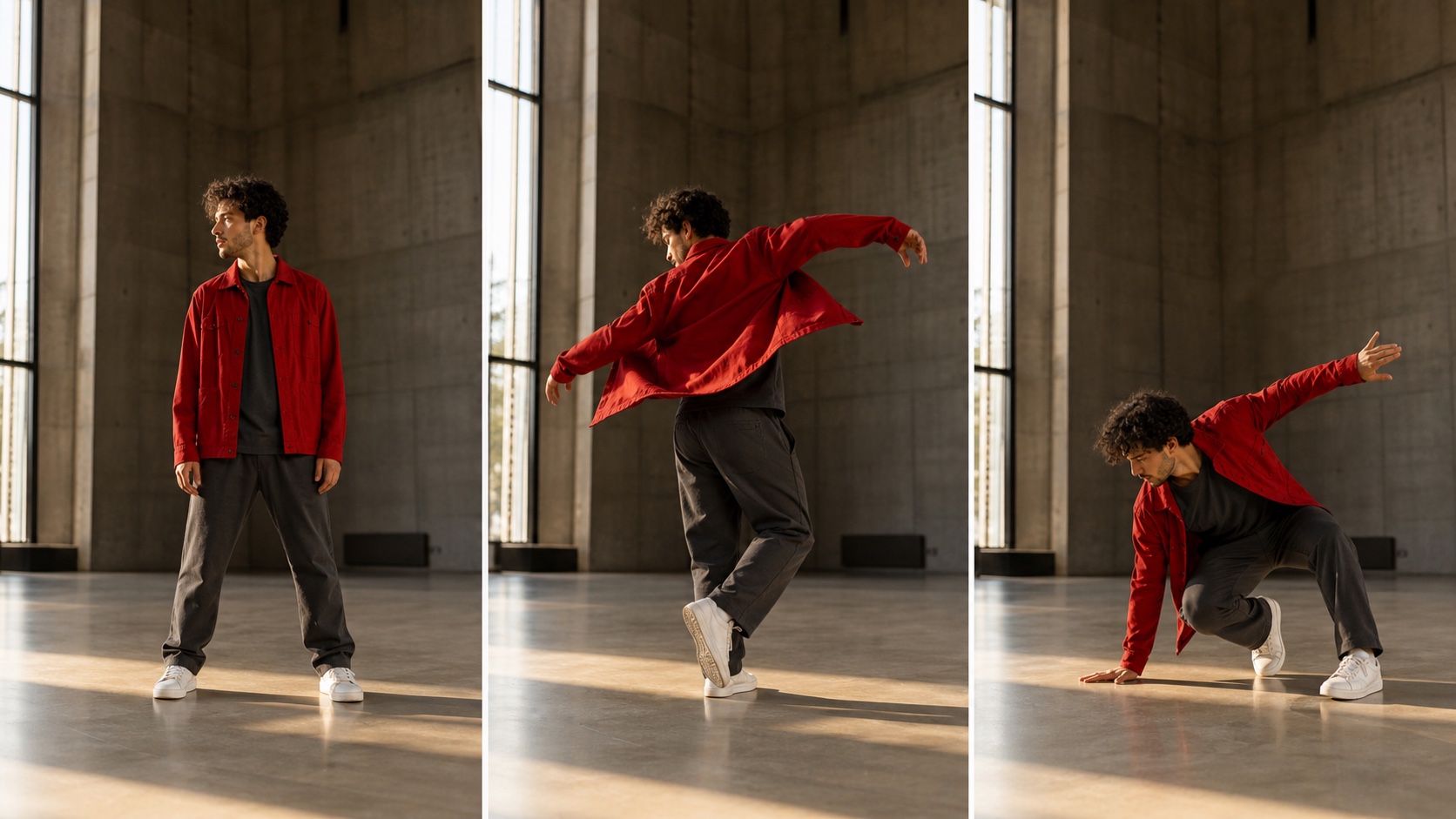 Three-frame dancer transition from a stable standing pose through a turn to a controlled low finish