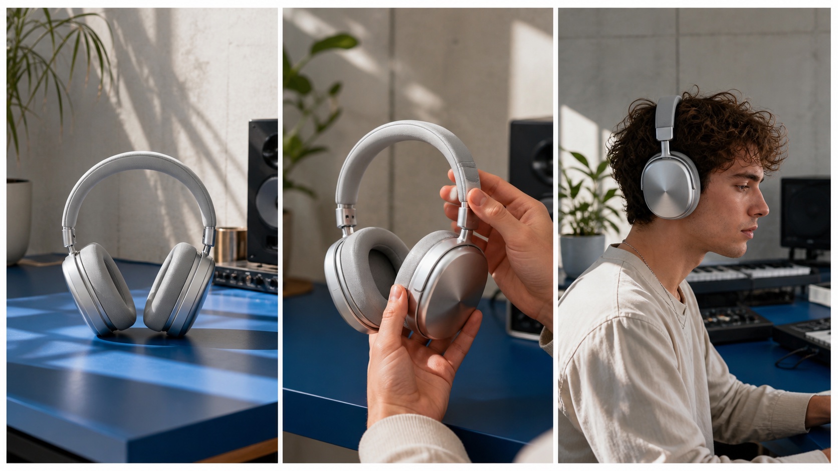 Three-shot headphone product sequence preserving product geometry from hero shot to hand detail and final use