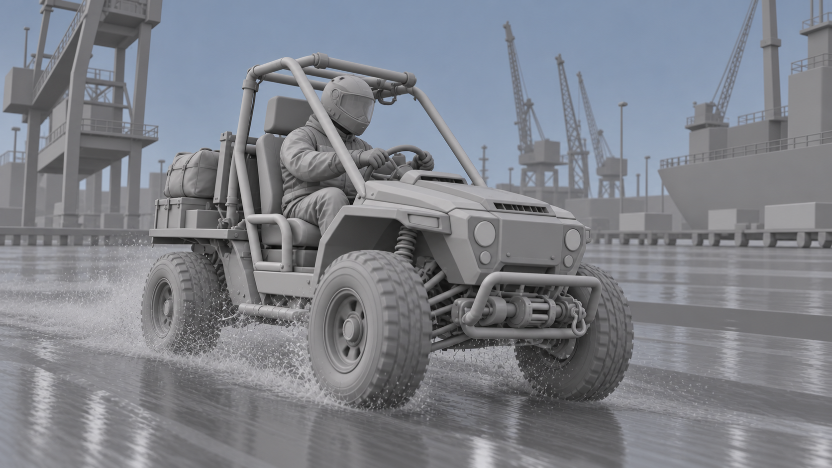 Une « playblast » Blender neutre en gris, style argile, représentant le même rover et la même composition portuaire
