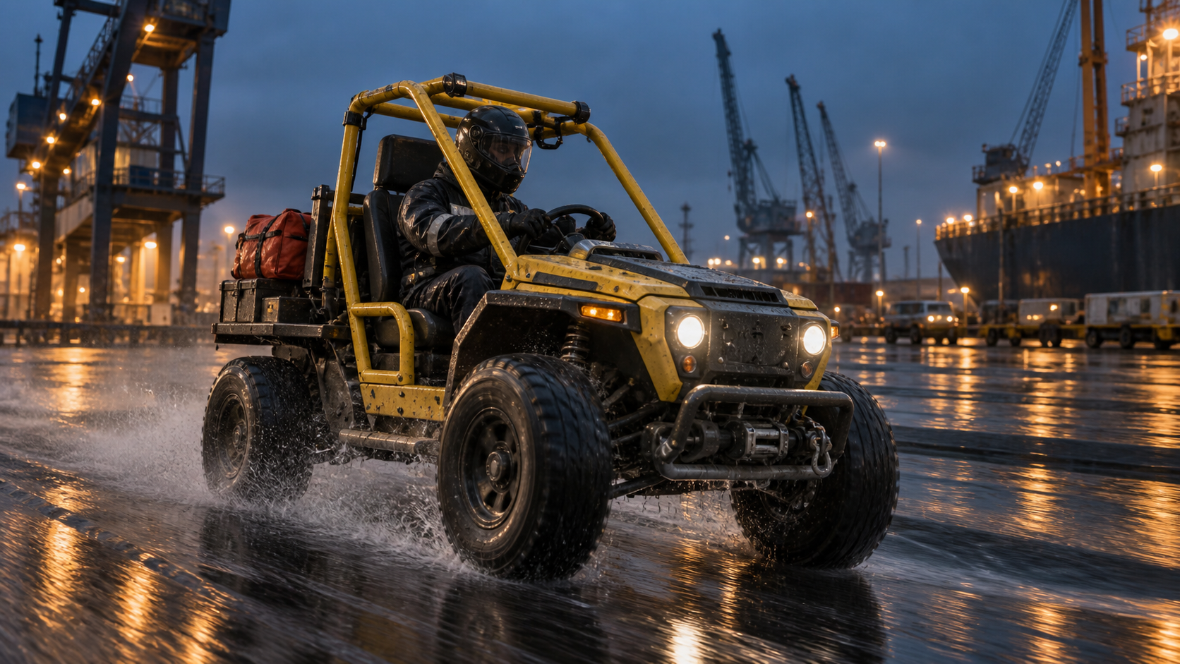 Une image cinématographique finale montrant un rover utilitaire traversant un port industriel sous la pluie