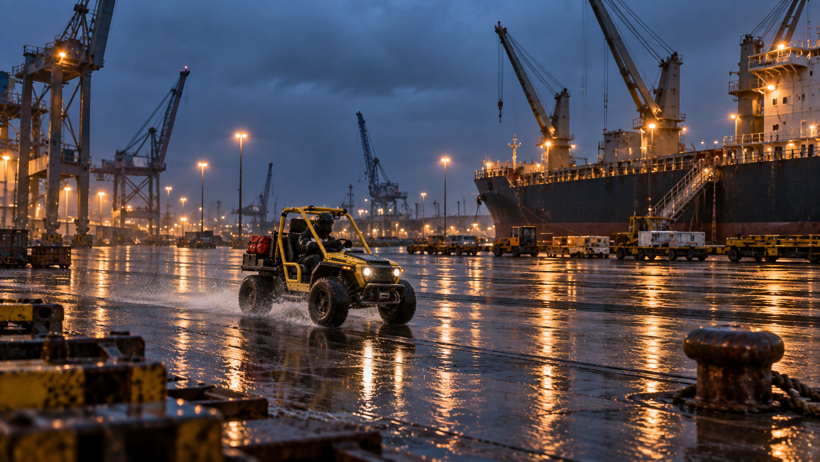 Vue large du même rover traversant le quai portuaire réfléchissant