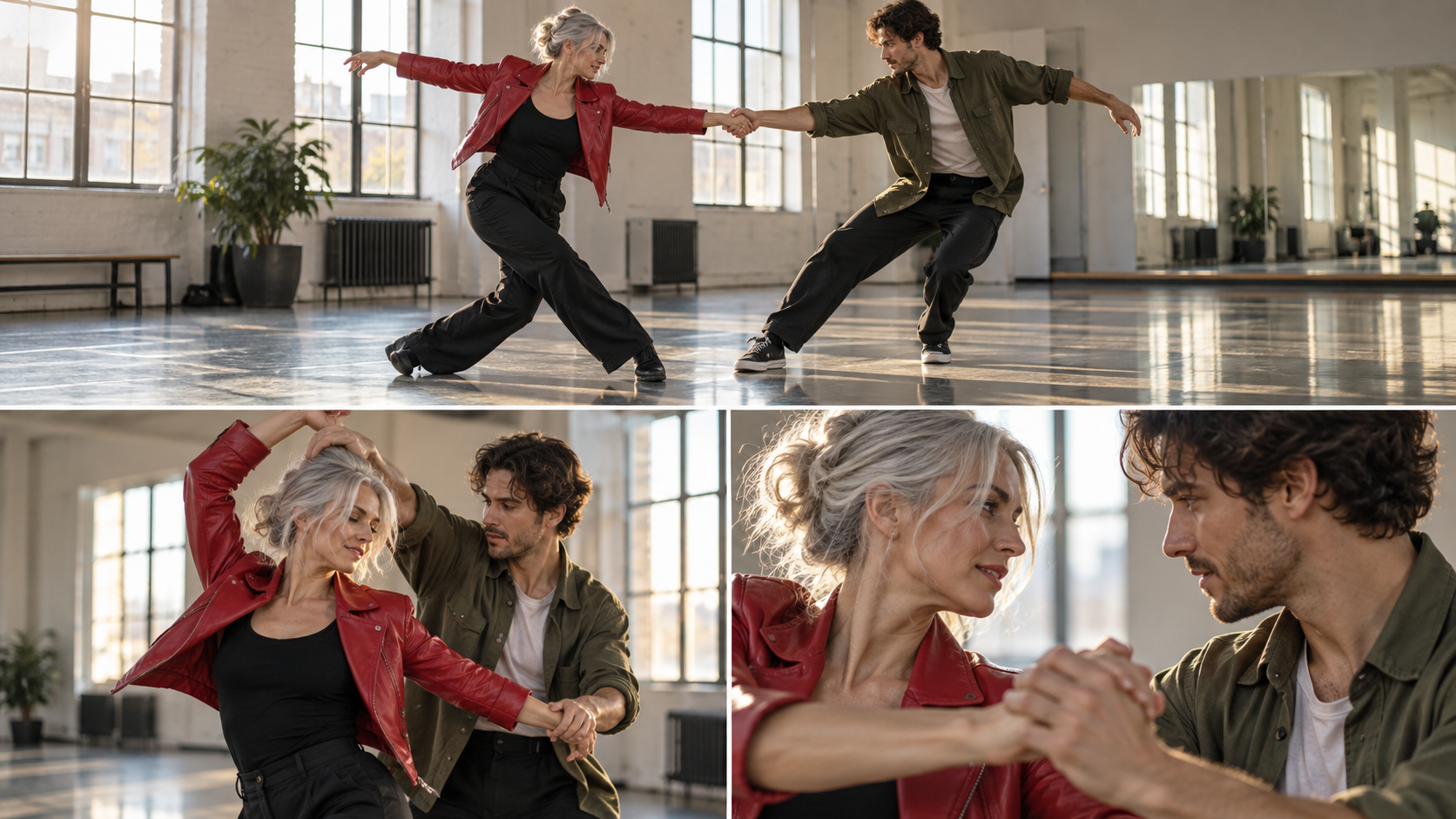 Dois dançarinos preservam suas identidades, roupas, contato manual, reflexos do estúdio e coreografia em três enquadramentos