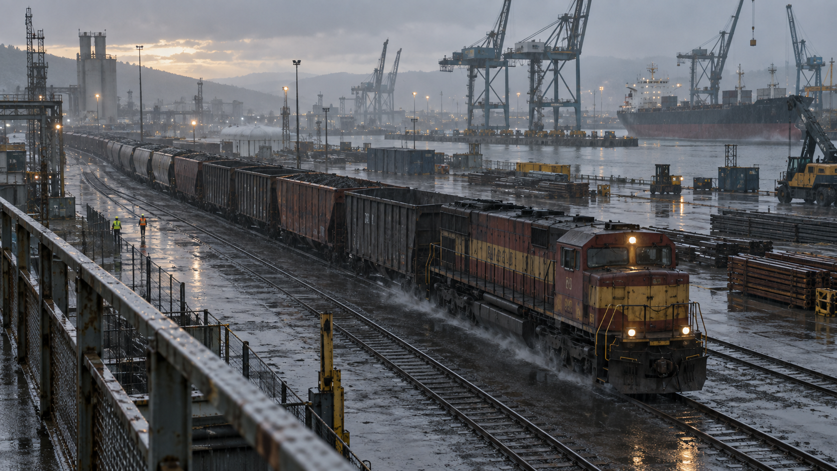 Puerto industrial lluvioso con un tren de carga, usado como carga de trabajo de movimiento amplio