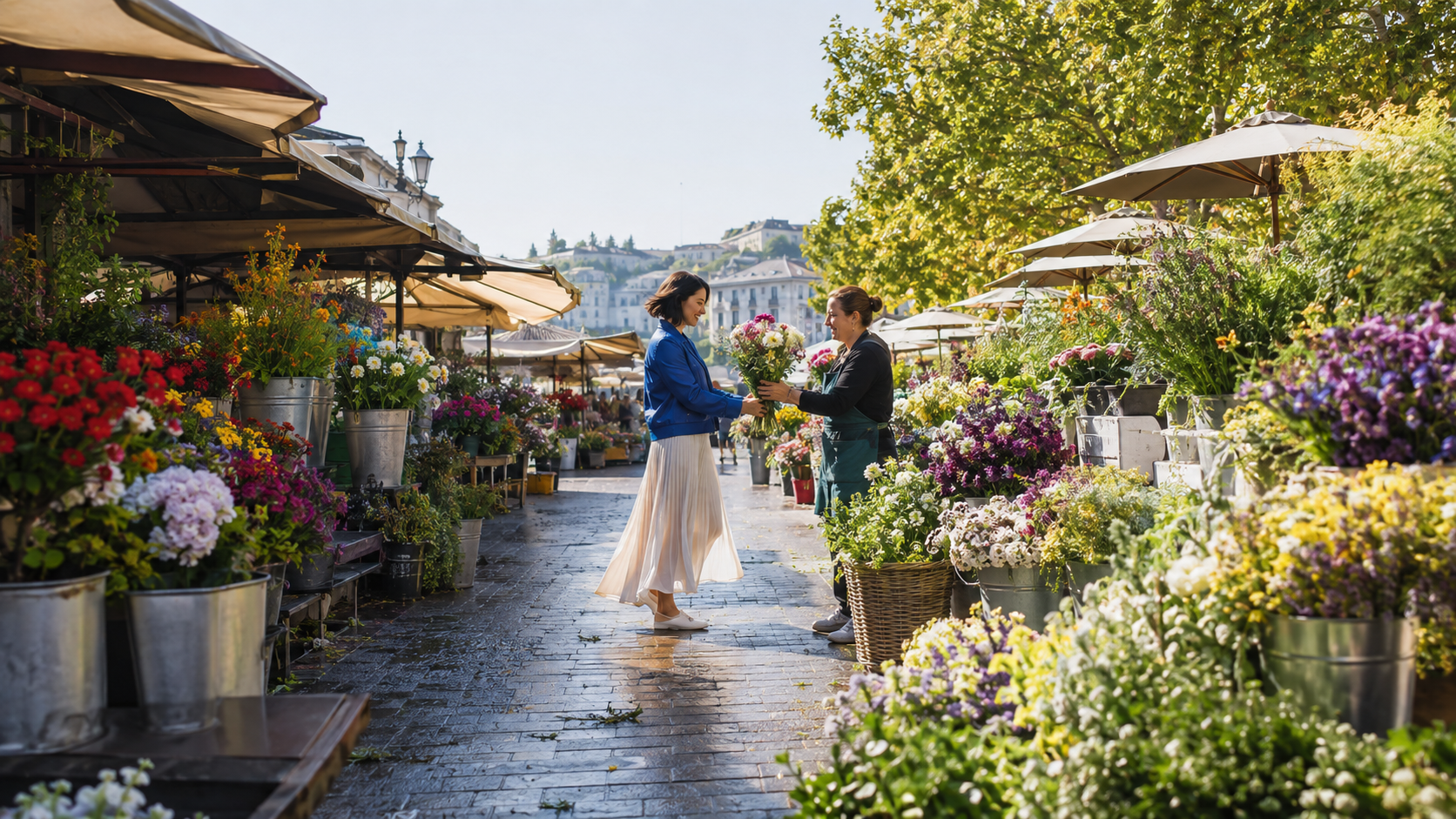 Two people in a finished wide flower-market scene, used to check small-face identity, body proportion, environment, and hand contact together
