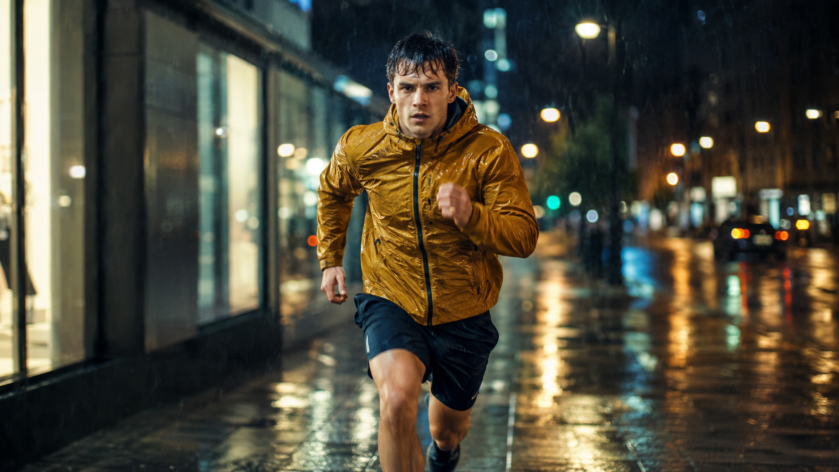 A finished rain-running frame designed to test whether identity remains readable while the subject and camera both move