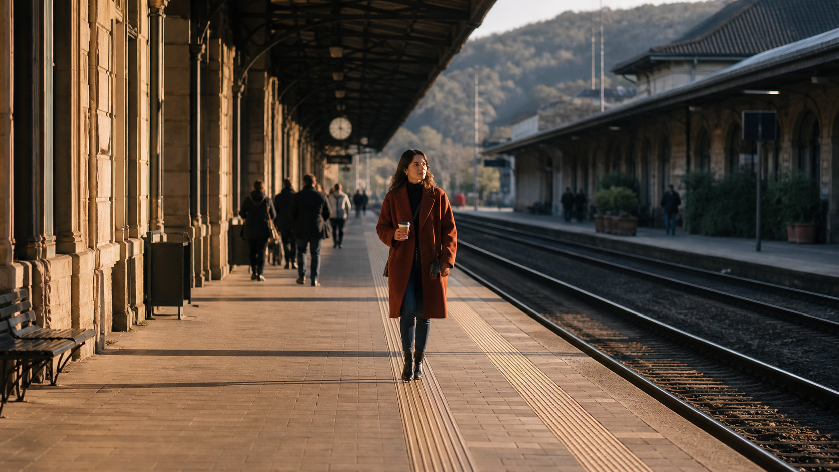 A woman in a rust-red coat walking through a real station environment, used as a finished wide-shot face-readability test