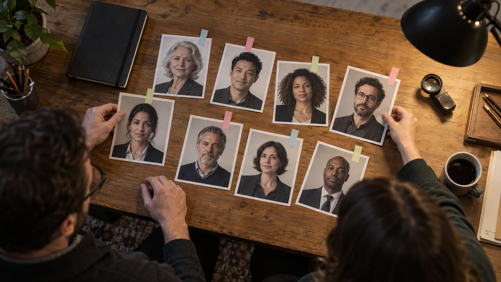 Editores revisando un conjunto diverso de retratos ficticios de casting