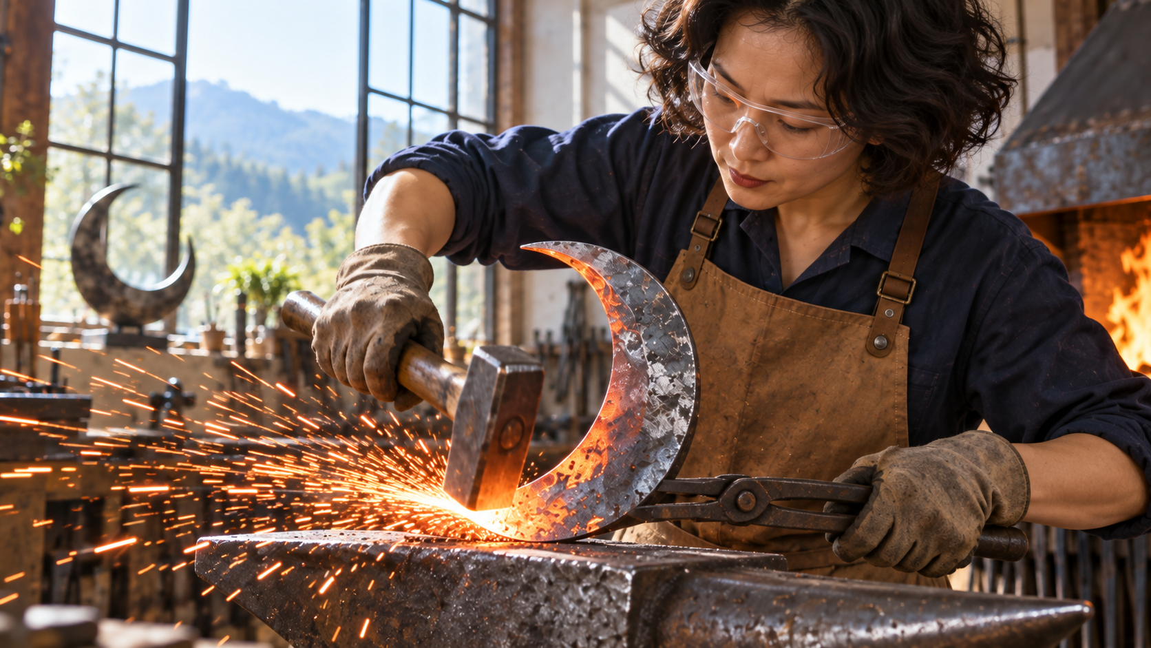 The same blacksmith makes a precise close hammer strike on the crescent