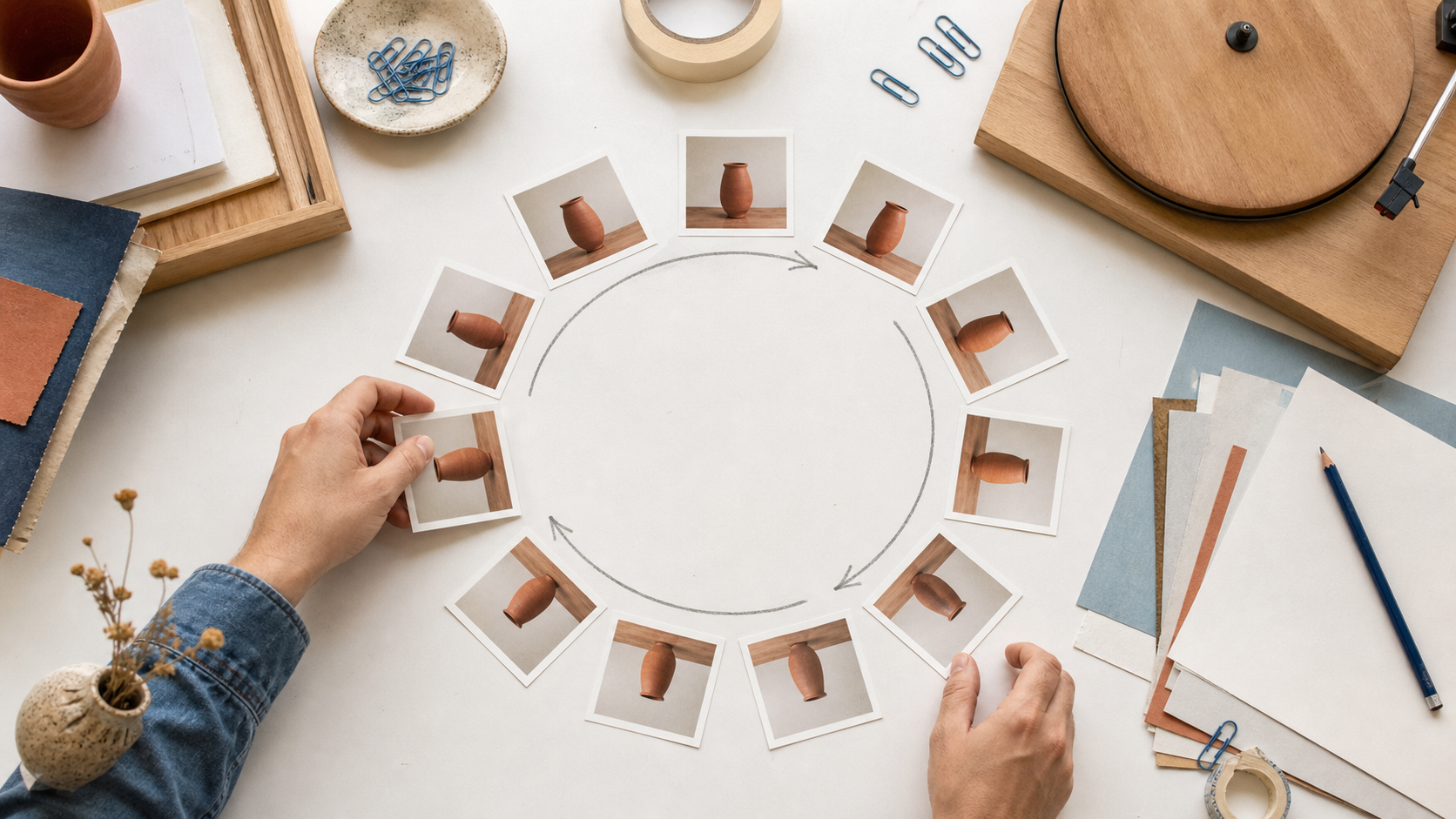 A bright studio workspace using printed frames to plan a repeatable product rotation