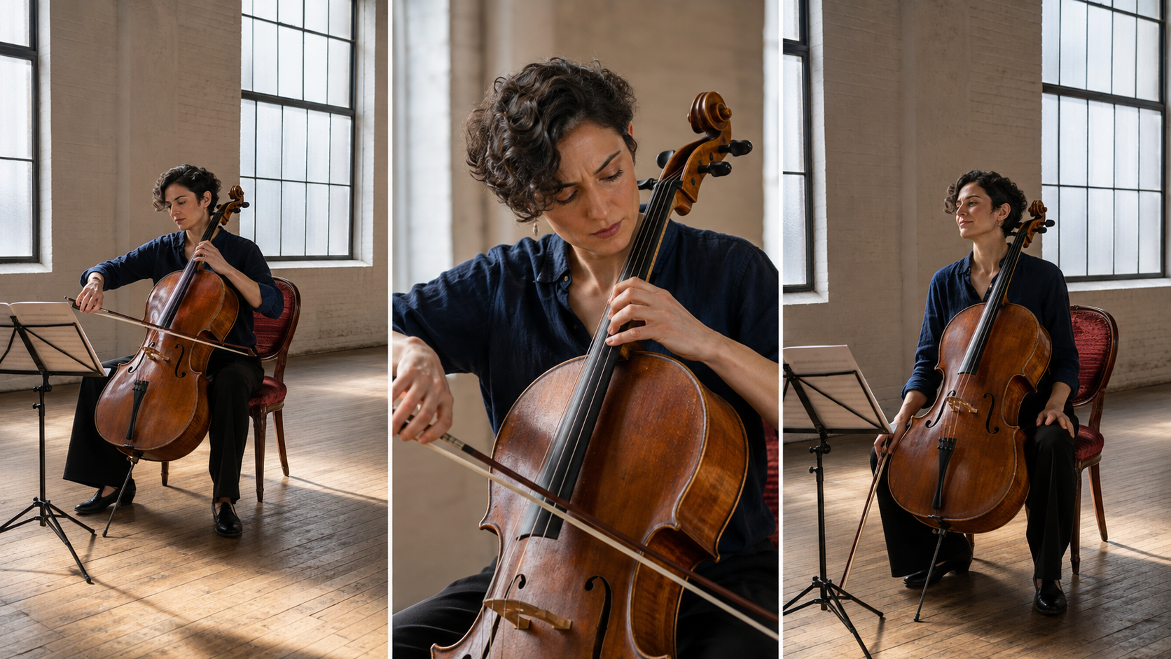 Trois images-clés finies de caméra montrant le même violoncelliste interprétant dans une même salle de répétition