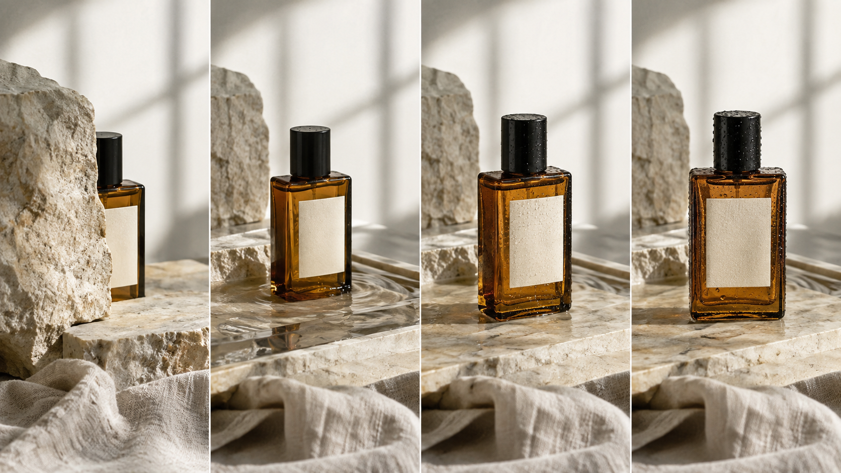 Quatre images-clés finales montrant la même bouteille de parfum ambré passant d’une révélation partielle à une composition héroïque nette