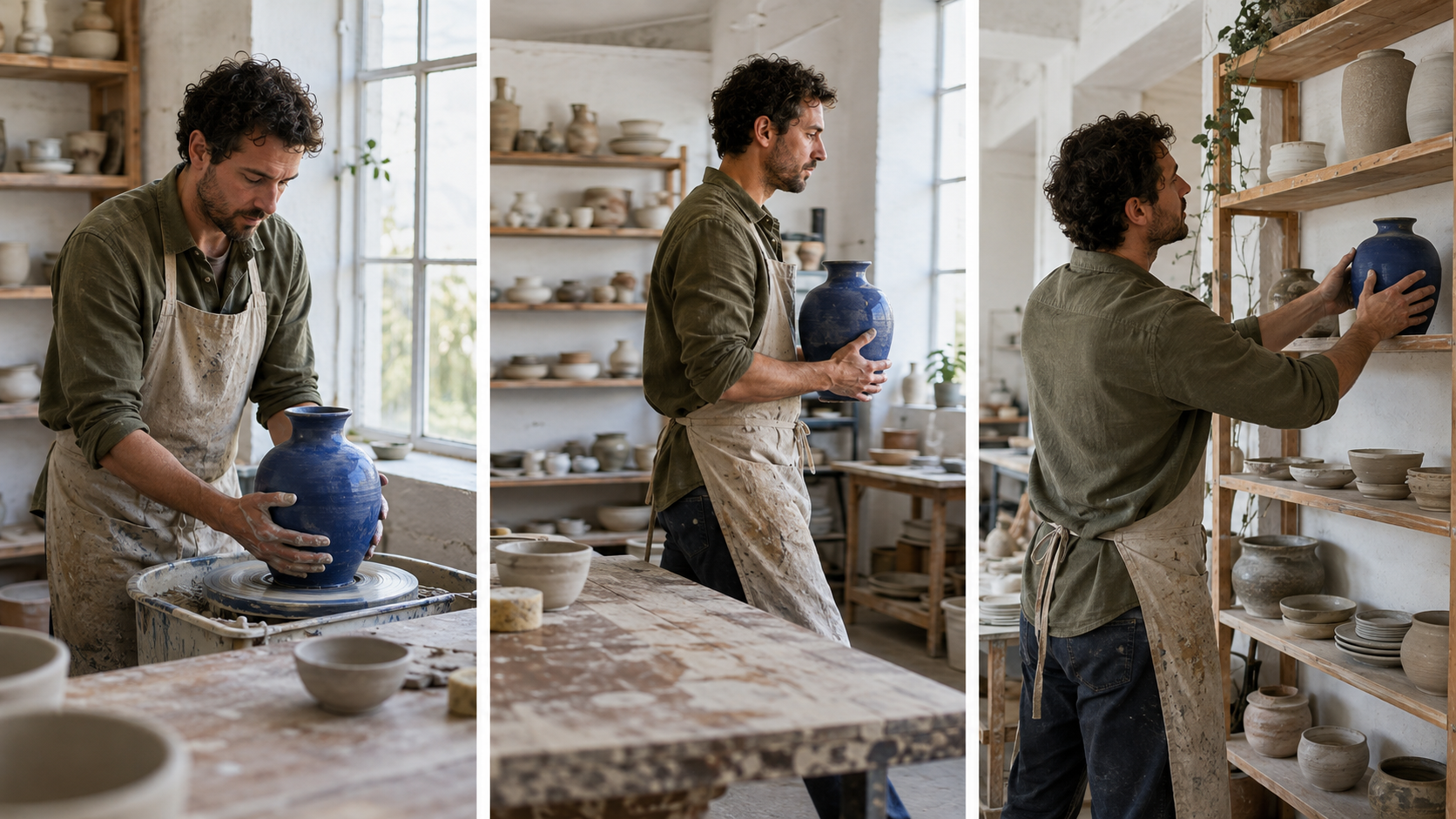 Trois images-clés finies montrant le même potier transportant un vase cobalt dans un atelier cohérent