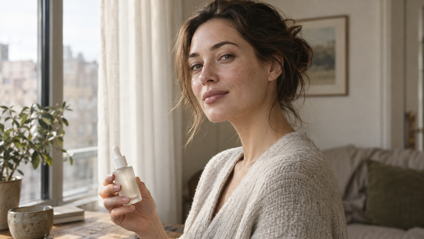 Natural skincare commercial portrait with visible pores in soft window light