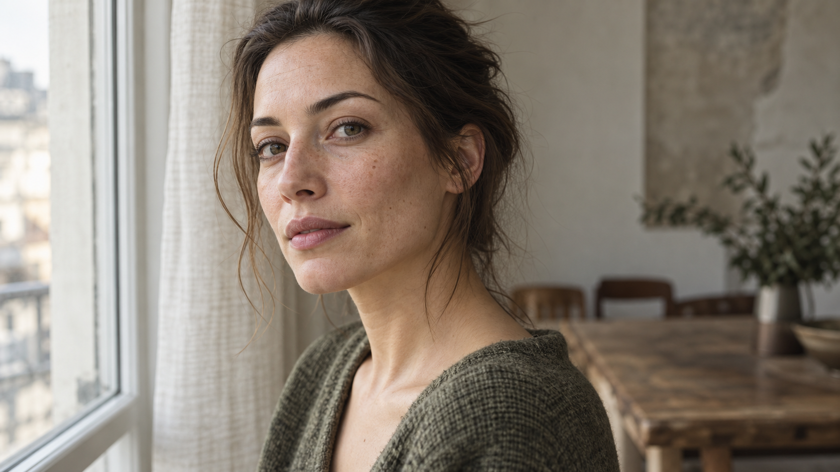 Close portrait showing natural pores freckles and gradual facial highlights