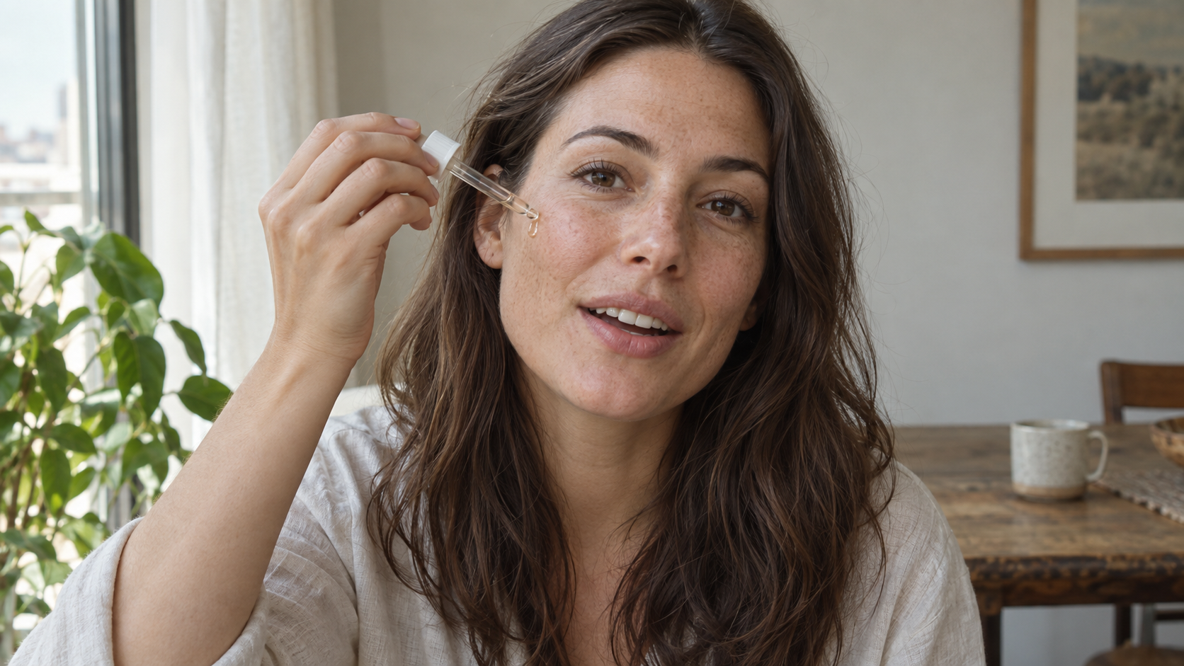Spokesperson applying serum mid-sentence with natural skin and hand placement