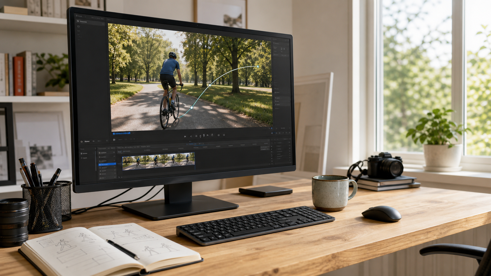 A bright real-world editing desk showing one clear camera path around a cyclist