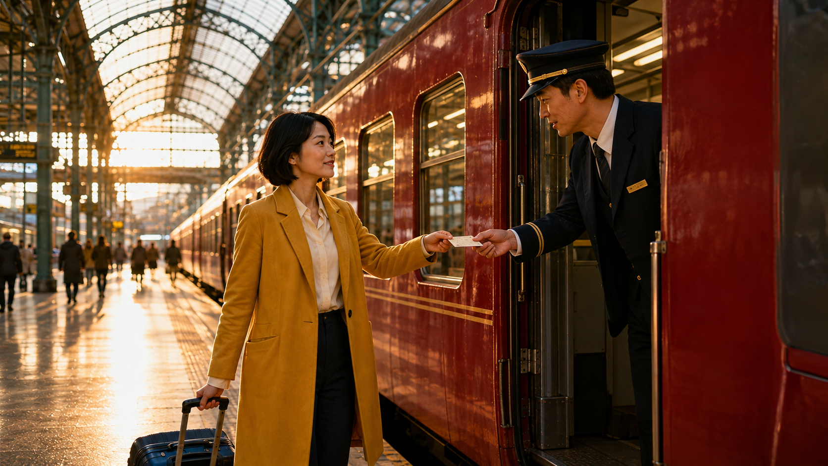 赤い列車の横で、同じ旅行者が切符を手渡す様子。次のショット開始前の完了チェックポイントフレームとして使用