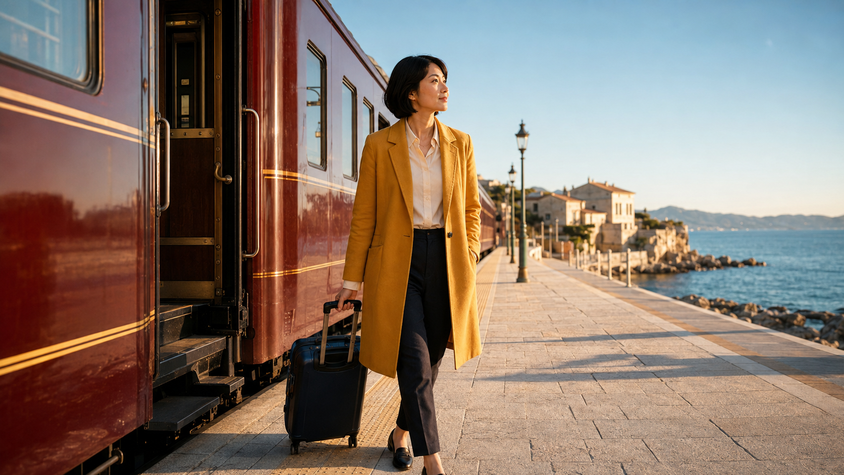 承認済みの登場人物、コート、スーツケース、列車、ビジュアル言語を維持したまま、海岸の駅でシークエンスを完了する同一の旅人
