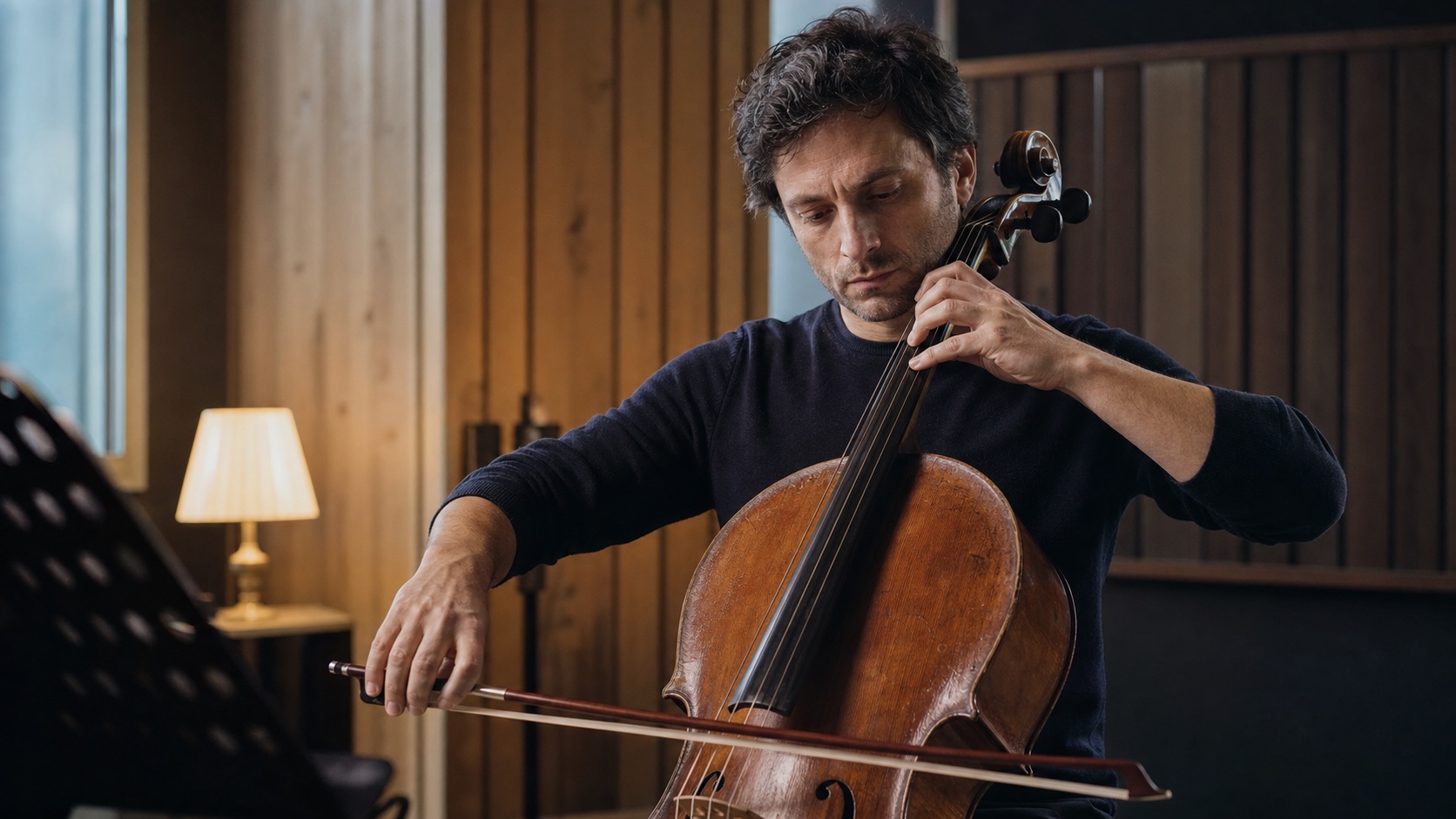 Image cinématographique finale d’un violoncelliste, utilisée pour examiner les détails du visage, le contact des doigts, la géométrie de l’archet, la texture du bois et la synchronisation de l’audio avec la performance
