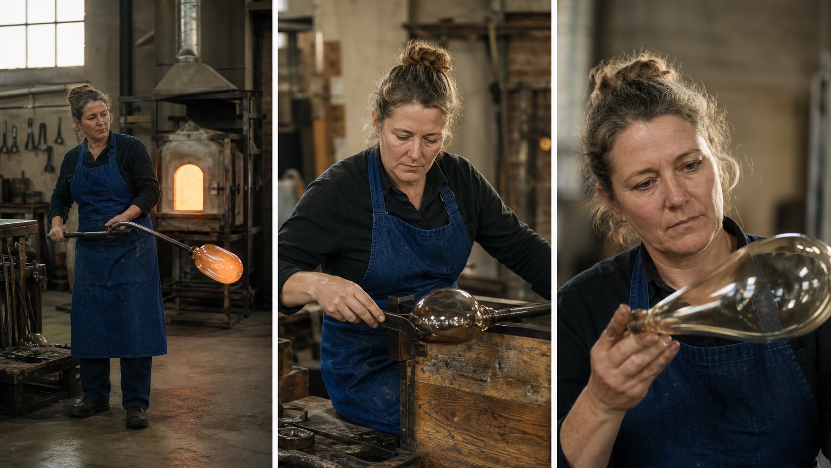 Trois images finies du même souffleur de verre, préservant l’identité, les vêtements, l’éclairage de l’atelier et la continuité des objets