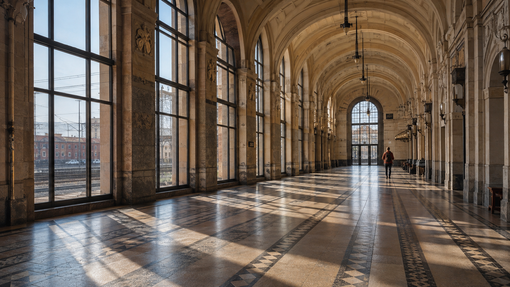 Sonnenbeschienene Bahnhofsarkaden und Fenstersteine mit detailliertem Steinboden