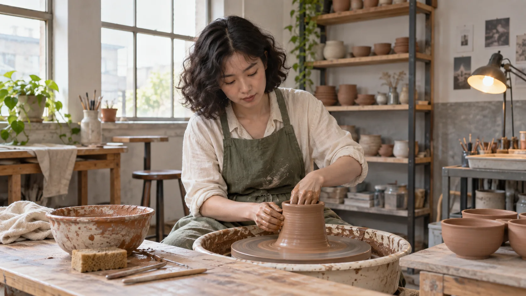 The same pottery scene rendered with an implausibly brighter continuation