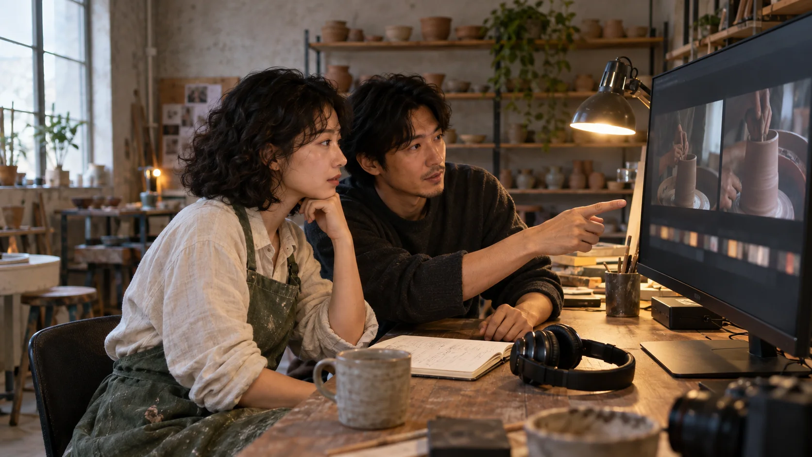 A ceramicist and editor reviewing adjacent continuation clips in the same studio