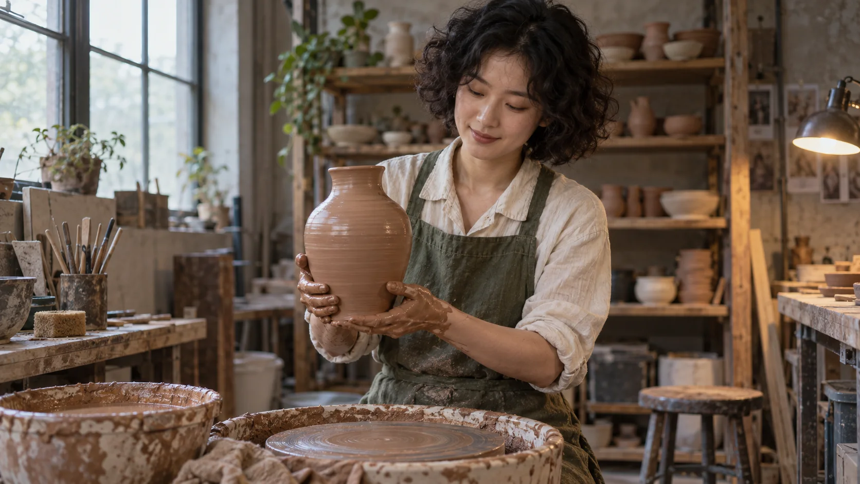 A corrected continuation with the pottery studio returned to balanced window and lamp exposure