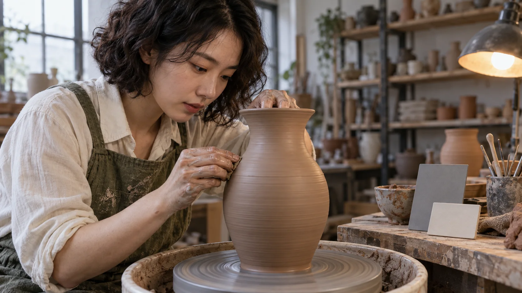 A neutral pottery frame with grey and white reference objects beside the subject