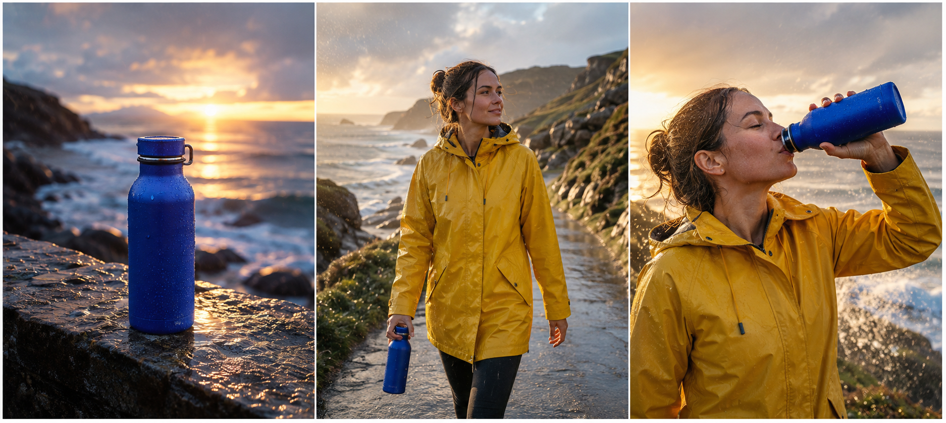 Three finished product-film shots preserve a cobalt-blue bottle, yellow raincoat, coastal location, and natural post-rain light
