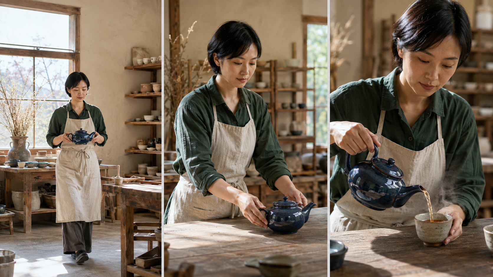Three finished story shots preserve the same craftswoman, indigo teapot, linen apron, pottery studio, and morning light from entrance to pour