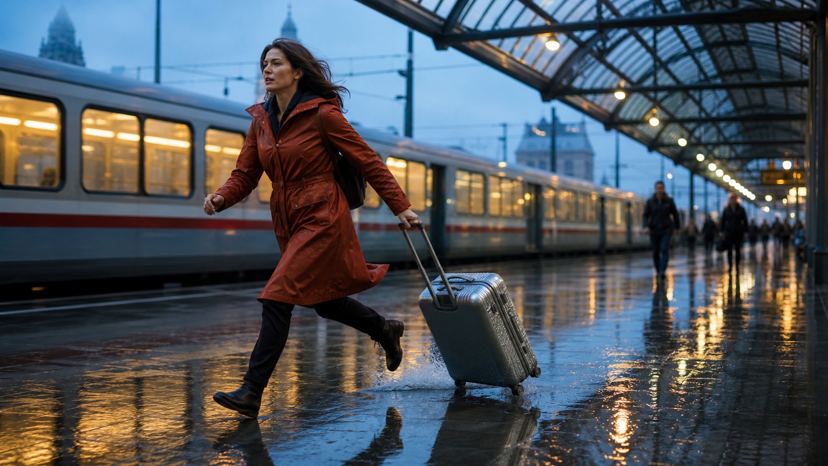 Finished generated action frame of a woman in a rust-red raincoat running across a wet railway platform with a silver suitcase