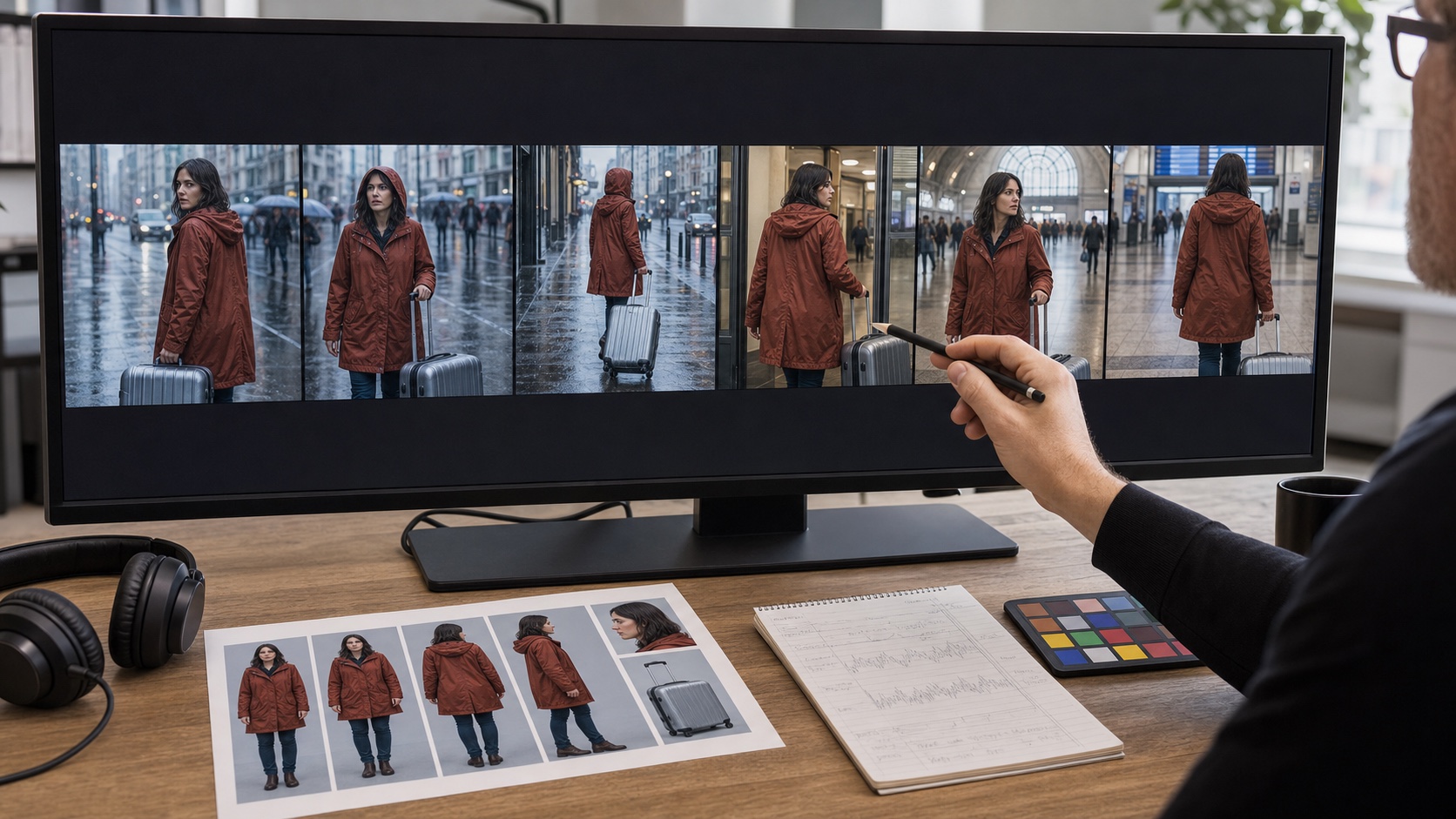 A continuity reviewer checks six connected frames against the same character and wardrobe reference