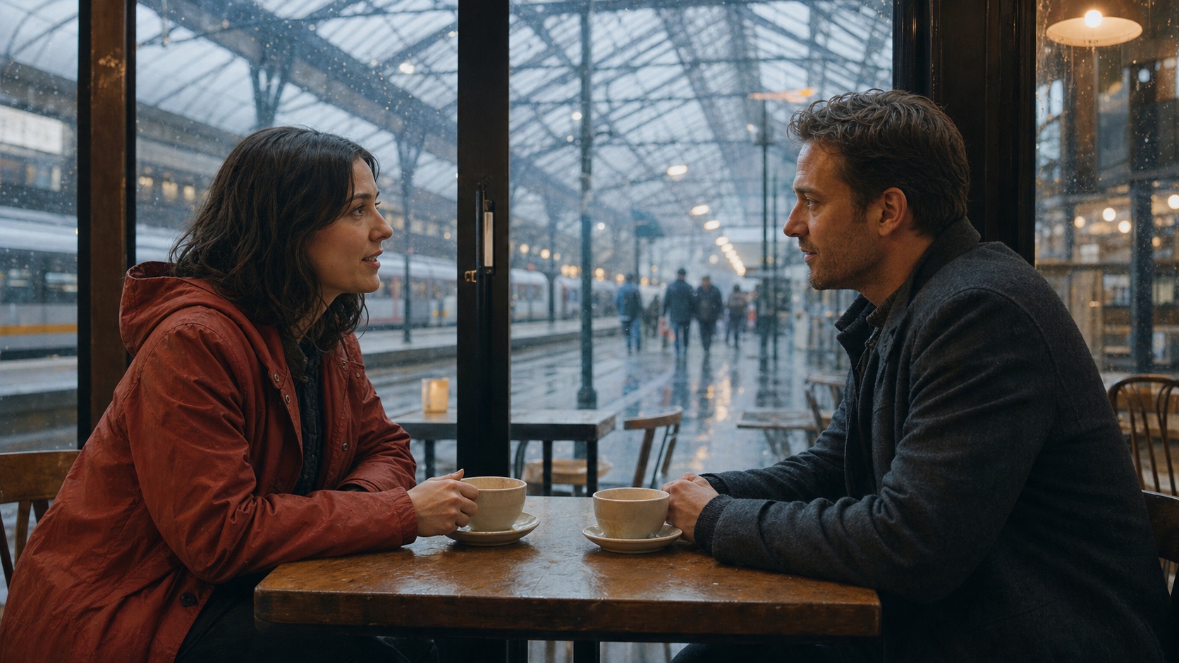 Finished generated dialogue frame of two adults speaking in a rainy railway station café