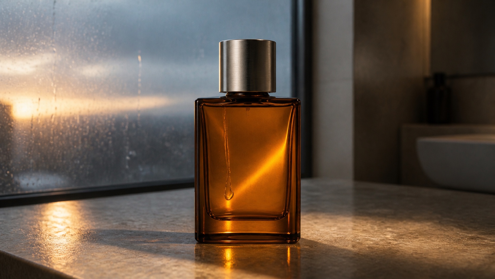 Finished generated product frame of one unbranded amber perfume bottle in warm window light