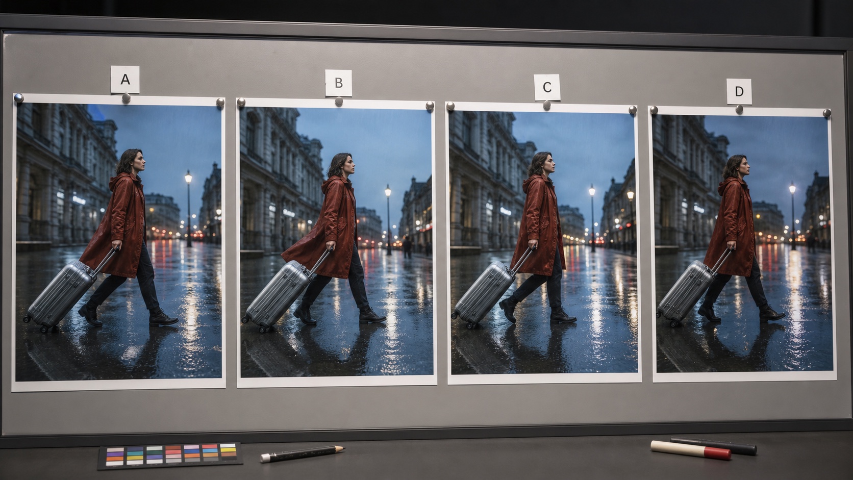 Four physical review prints compare the same woman, raincoat, suitcase and wet-street brief under matched conditions