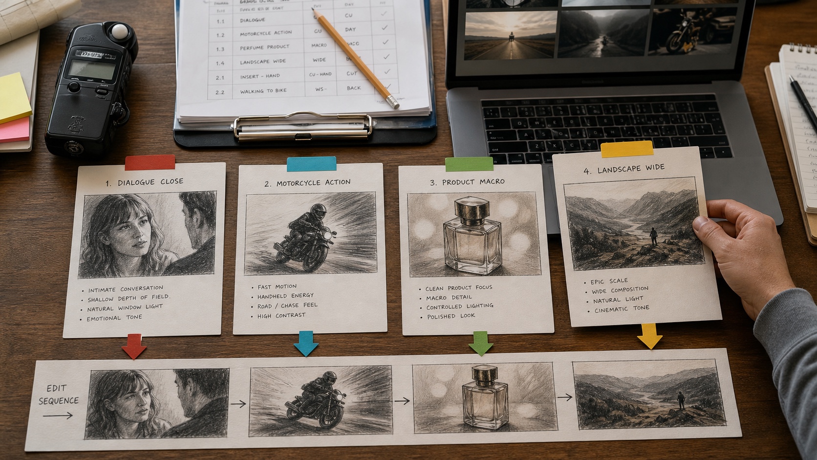 A real production planning table routes dialogue, action, product and landscape storyboard cards into one edit sequence