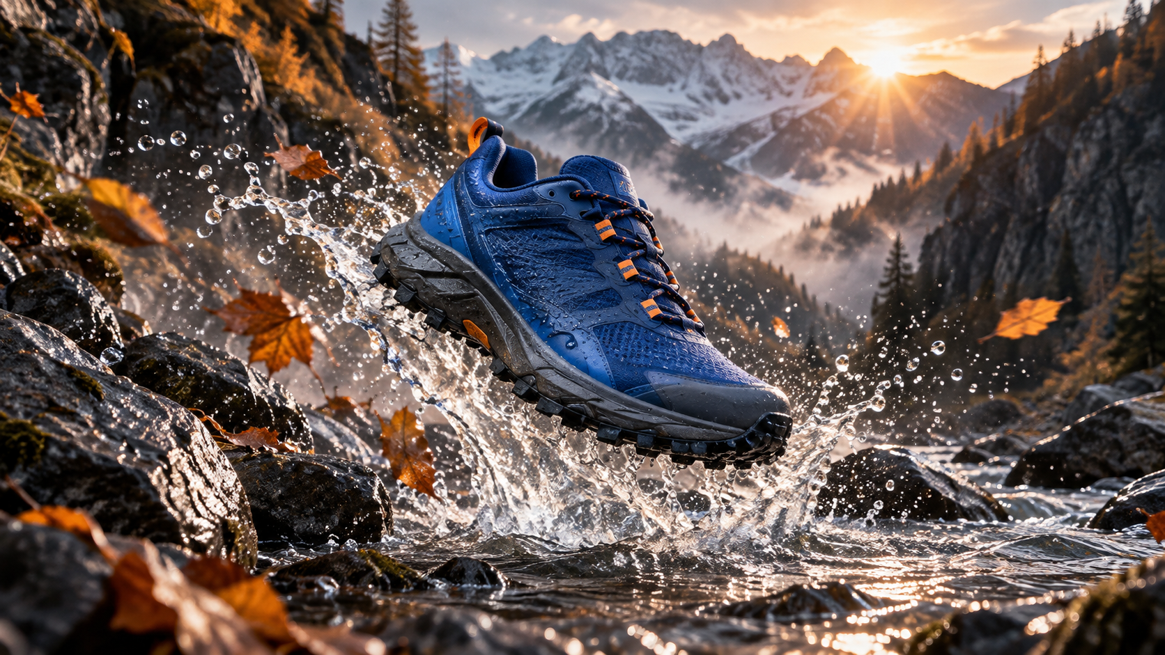 Cobalt trail shoe suspended above an alpine stream in a finished product-ad frame