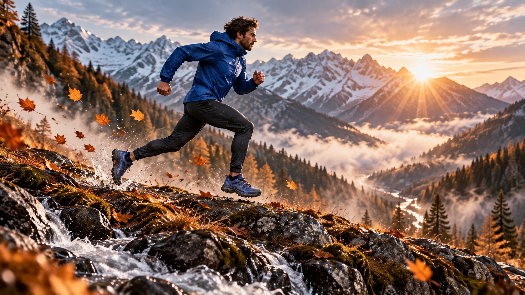 Trail runner wearing the same cobalt shoes across a mountain ridge at sunrise