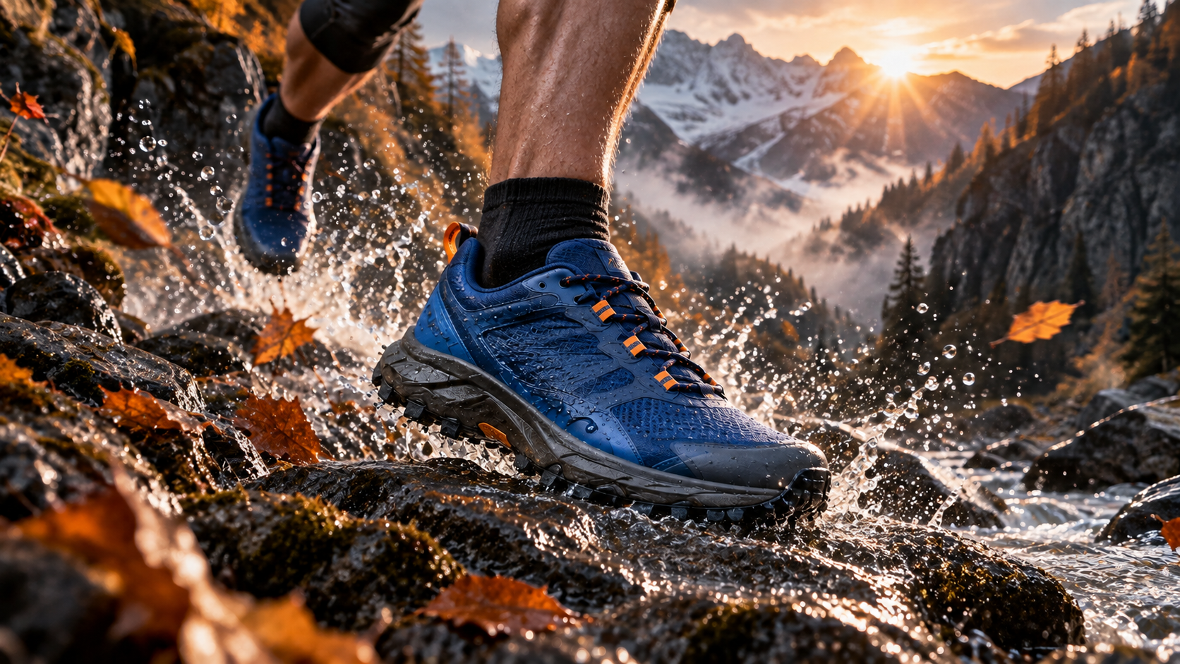 The same cobalt trail shoe landing on wet rock with water splashing