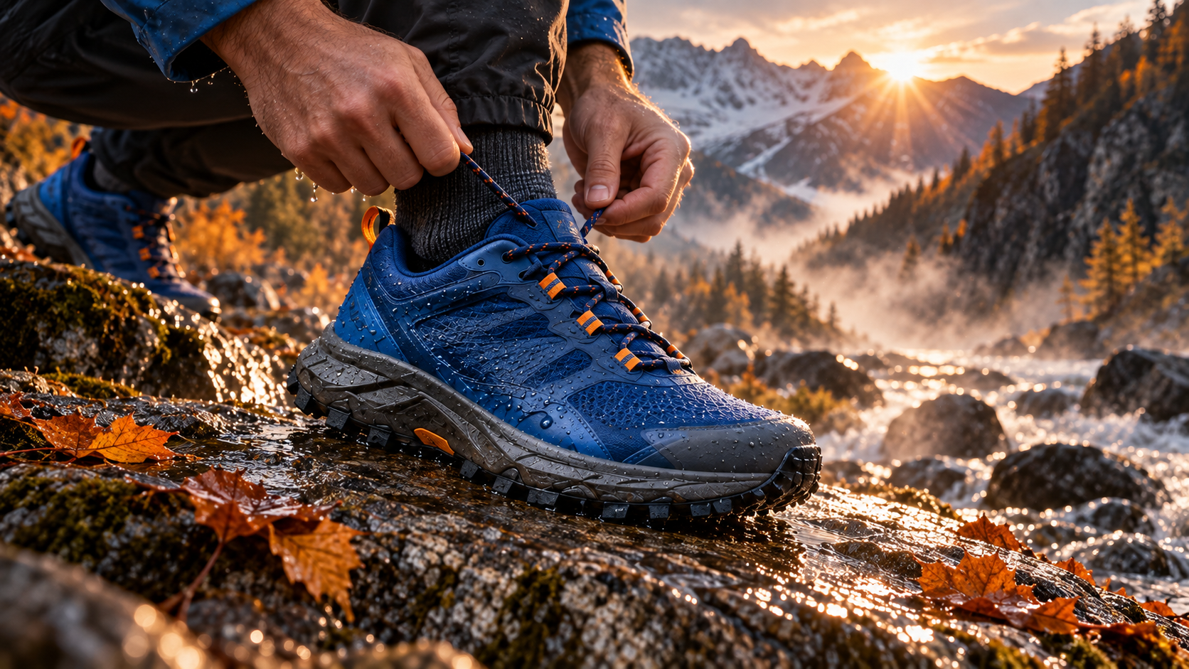 Close product detail of the runner tightening the same cobalt shoe